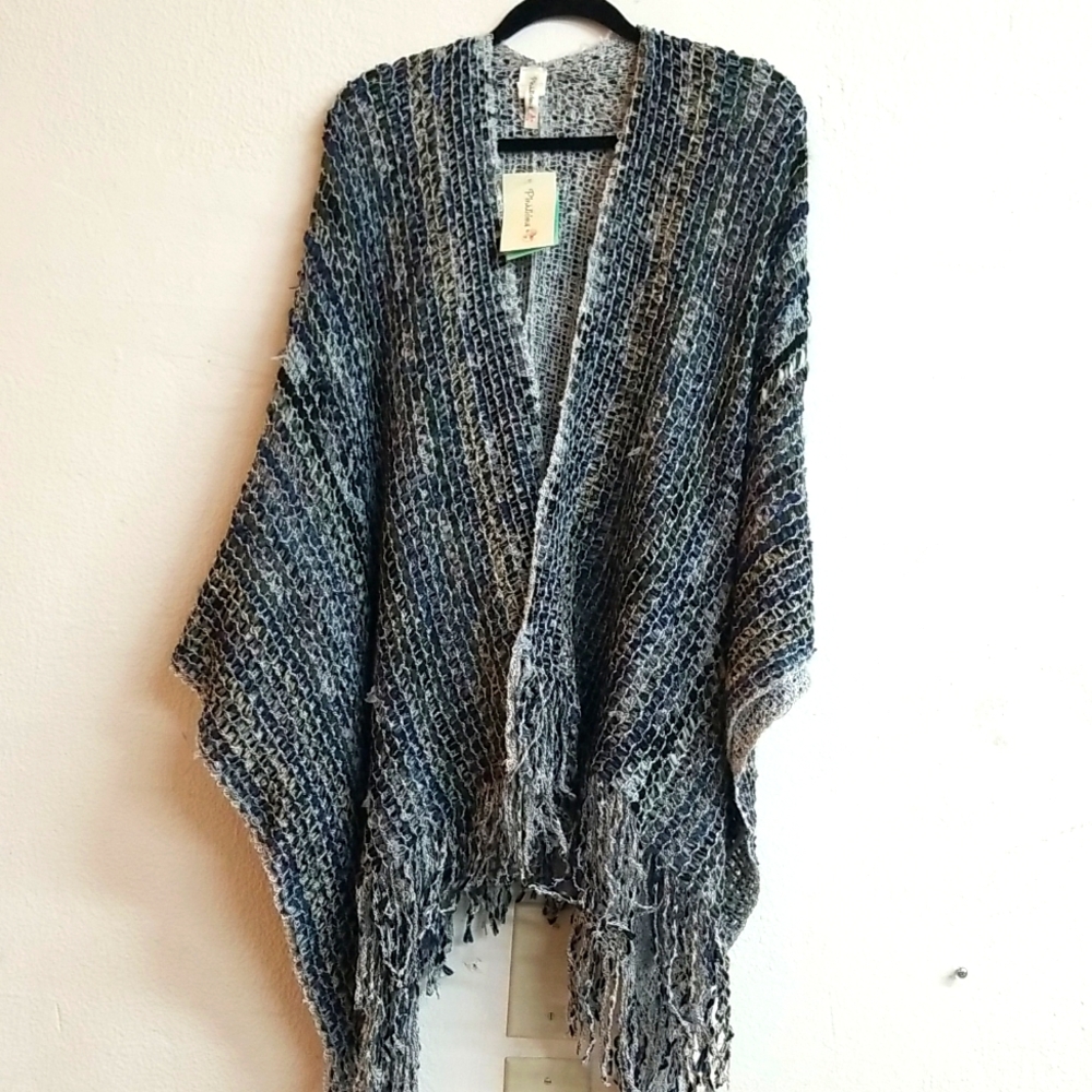 Delicate blue & gray fringed shawl